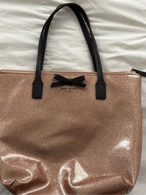 kate spade Rose Gold Glitter Tote with Black Handles